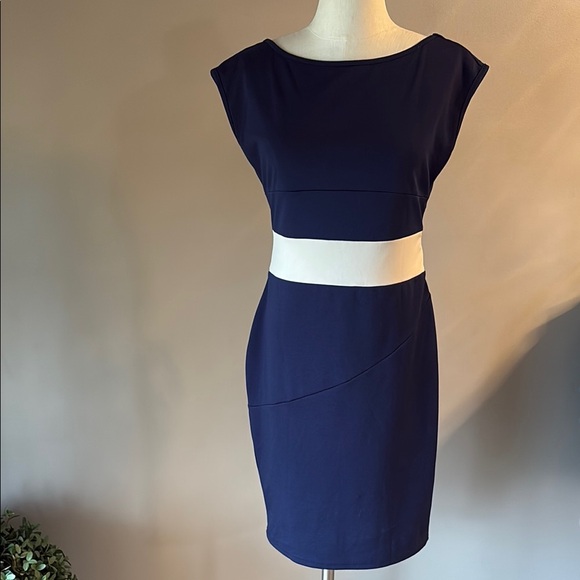 Miusol navy blue Sheath Mini Dress attached contrast belt front back option L - Picture 1 of 11